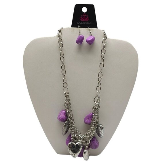 Paparazzi Purple Faux Rock Heart Charm Chain Necklace Earrings Set Vintage - Picture 1 of 8